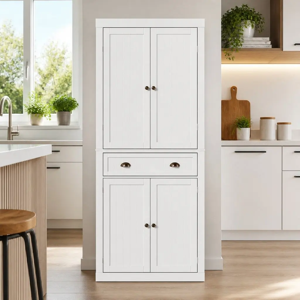 Buffet Sideboard White 6-Tier Storage Cabinet with Smooth-Gliding Drawers for Dining Room Furniture
