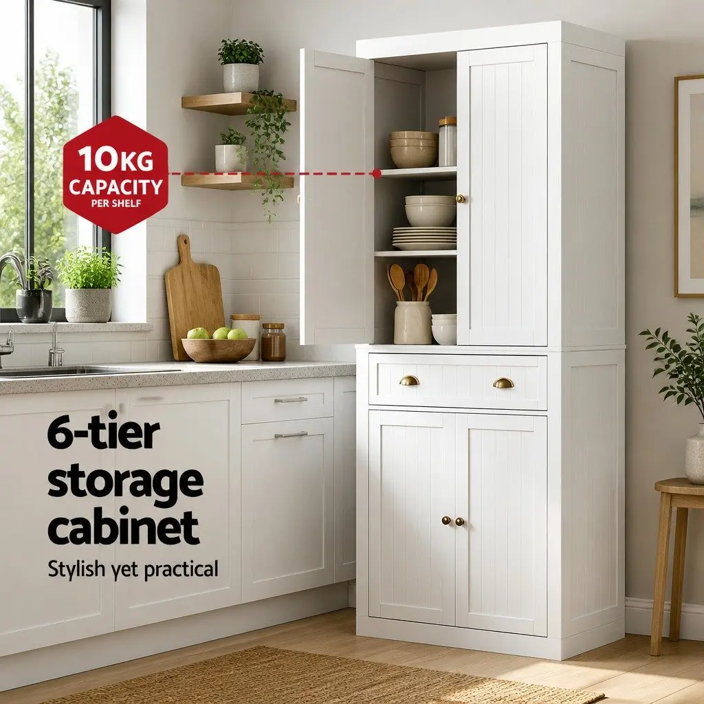 Buffet Sideboard White 6-Tier Storage Cabinet with Smooth-Gliding Drawers for Dining Room Furniture