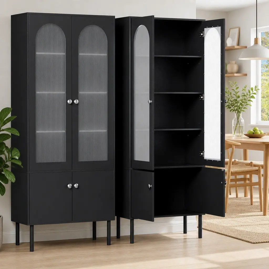 Buffet Sideboard Black 5-Tier Storage Cabinet with Fluted Door Panels and Magnetic Fittings
