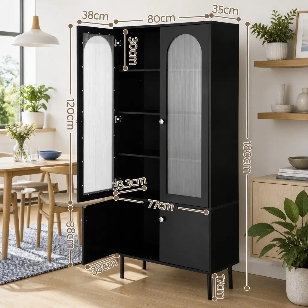 Buffet Sideboard Black 5-Tier Storage Cabinet with Fluted Door Panels and Magnetic Fittings