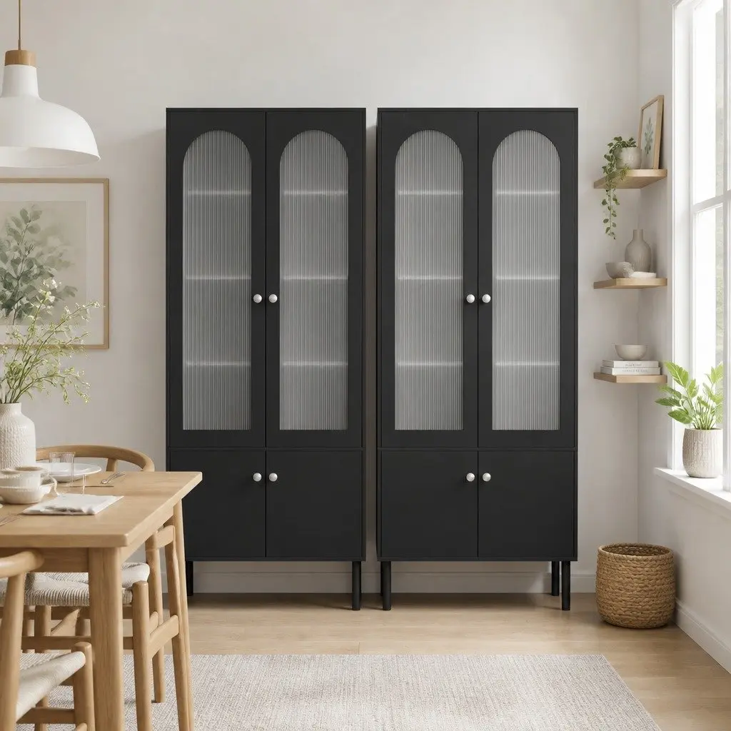 Buffet Sideboard Black 5-Tier Storage Cabinet with Fluted Door Panels and Magnetic Fittings