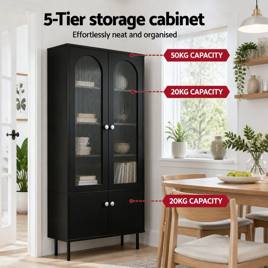Buffet Sideboard Black 5-Tier Storage Cabinet with Fluted Door Panels and Magnetic Fittings