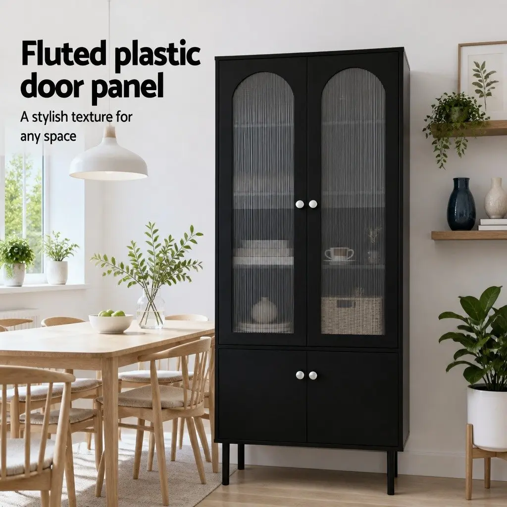 Buffet Sideboard Black 5-Tier Storage Cabinet with Fluted Door Panels and Magnetic Fittings