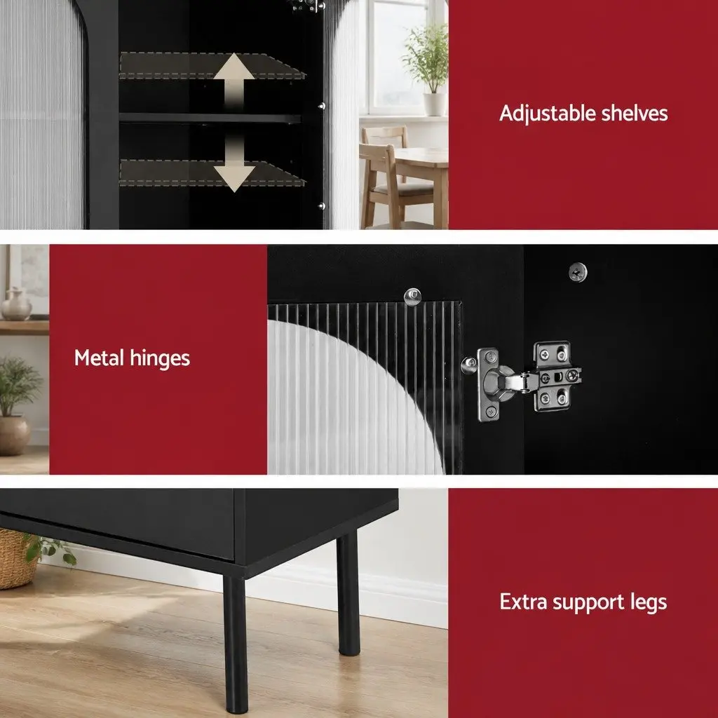 Buffet Sideboard Black 5-Tier Storage Cabinet with Fluted Door Panels and Magnetic Fittings
