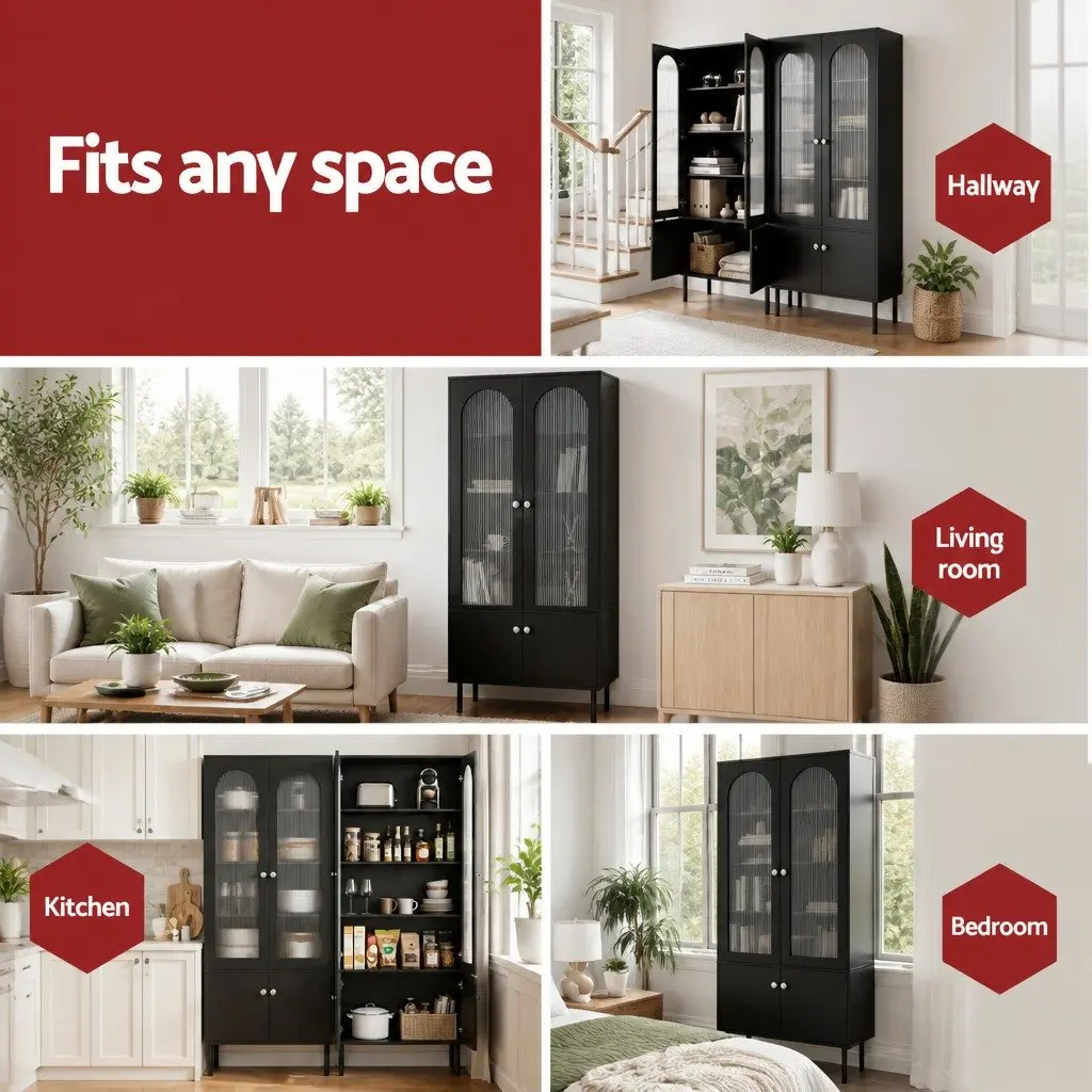 Buffet Sideboard Black 5-Tier Storage Cabinet with Fluted Door Panels and Magnetic Fittings