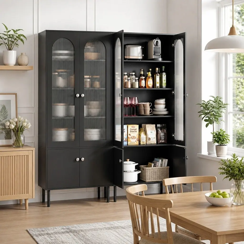 Buffet Sideboard Black 5-Tier Storage Cabinet with Fluted Door Panels and Magnetic Fittings
