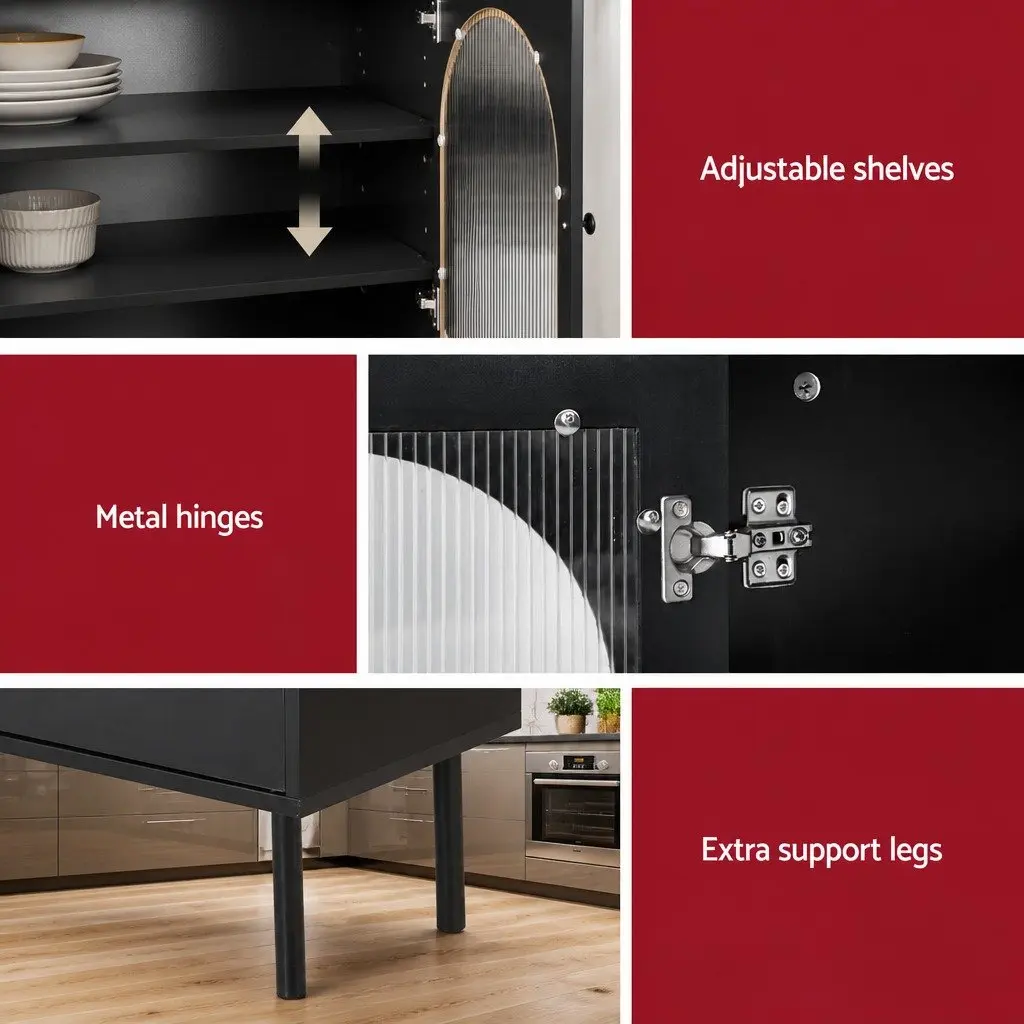 Buffet Sideboard Black 5-Tier Storage Cabinet with Fluted Door Panels and Magnetic Fittings
