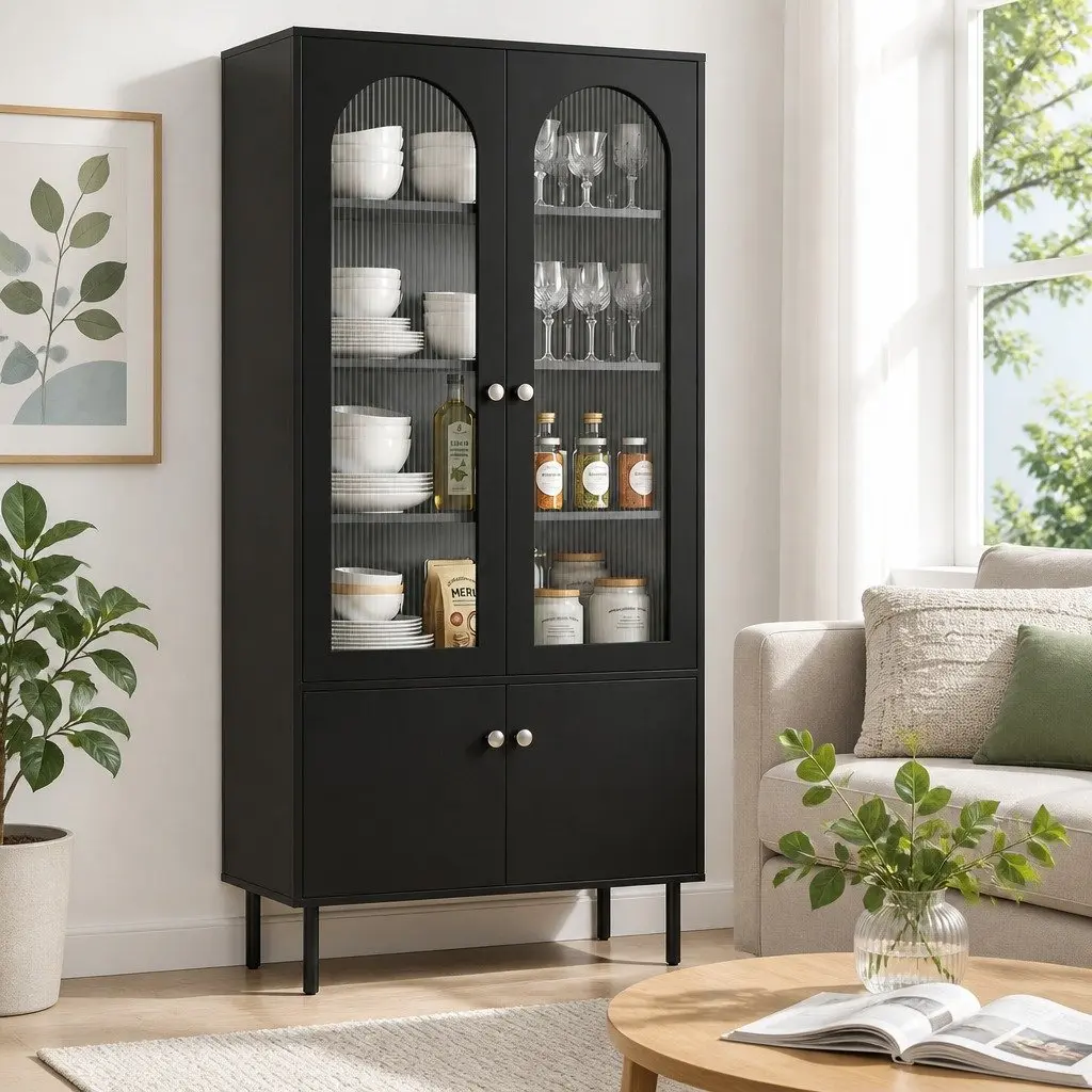 Buffet Sideboard Black 5-Tier Storage Cabinet with Fluted Door Panels and Magnetic Fittings