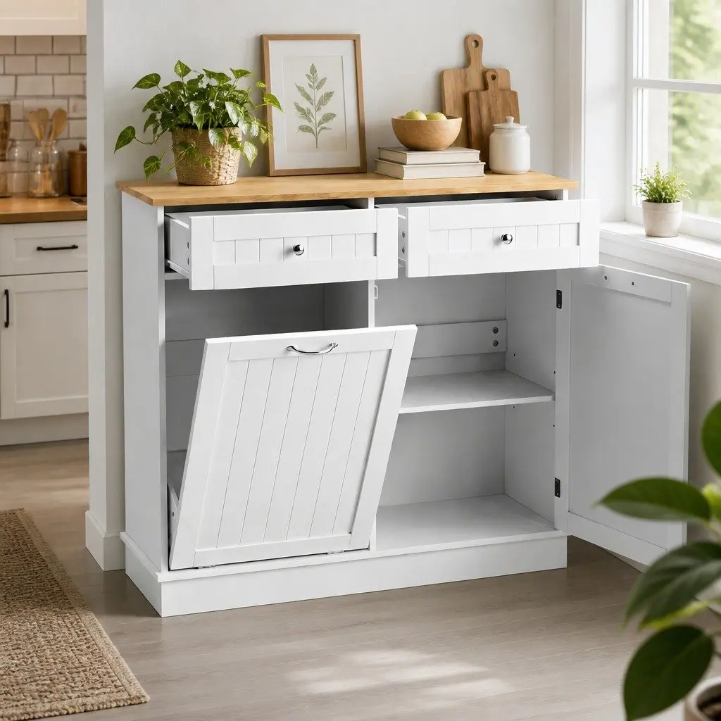 Tilt Out Bin Holder White Sideboard Buffet Cabinet Kitchen Storage 100cm