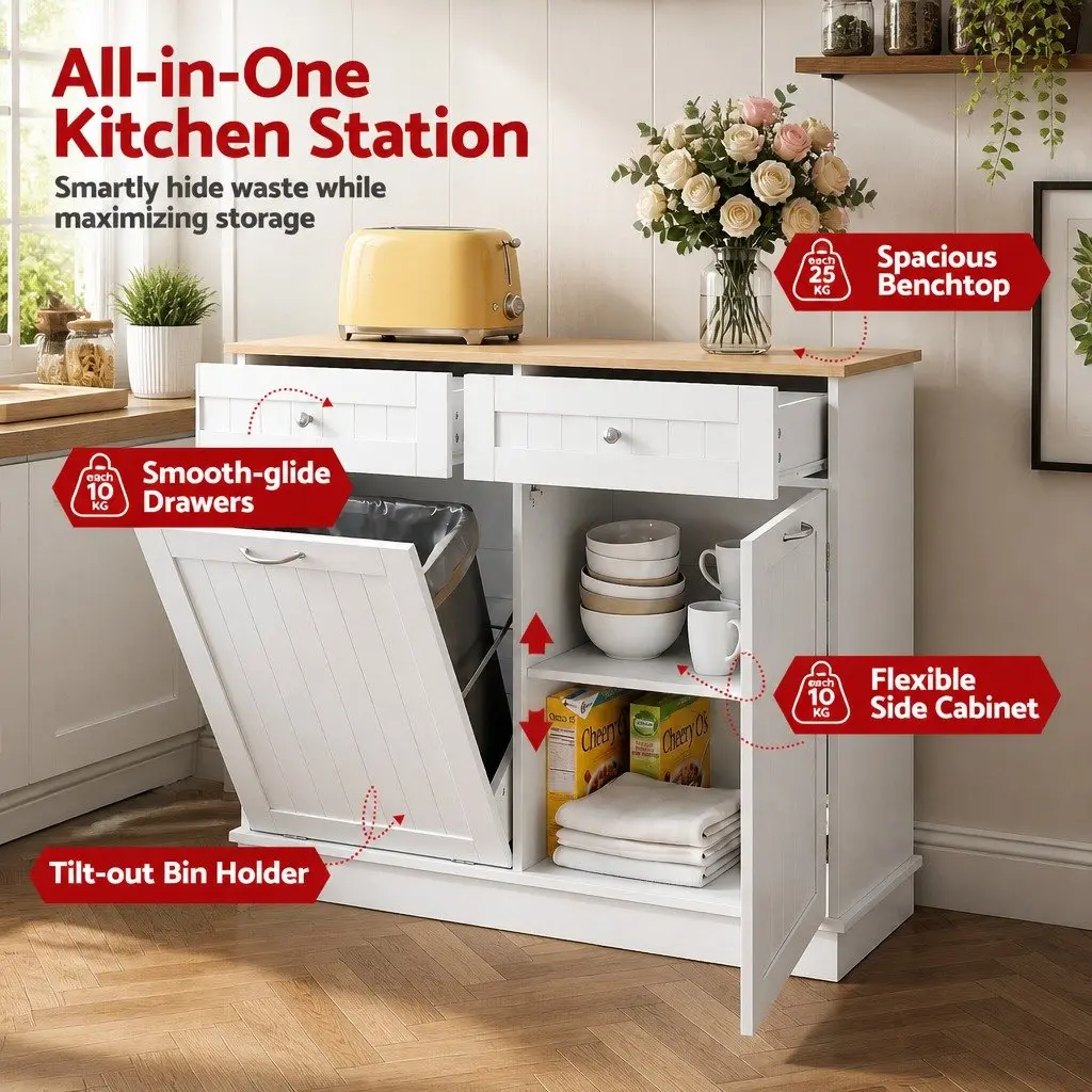 Tilt Out Bin Holder White Sideboard Buffet Cabinet Kitchen Storage 100cm