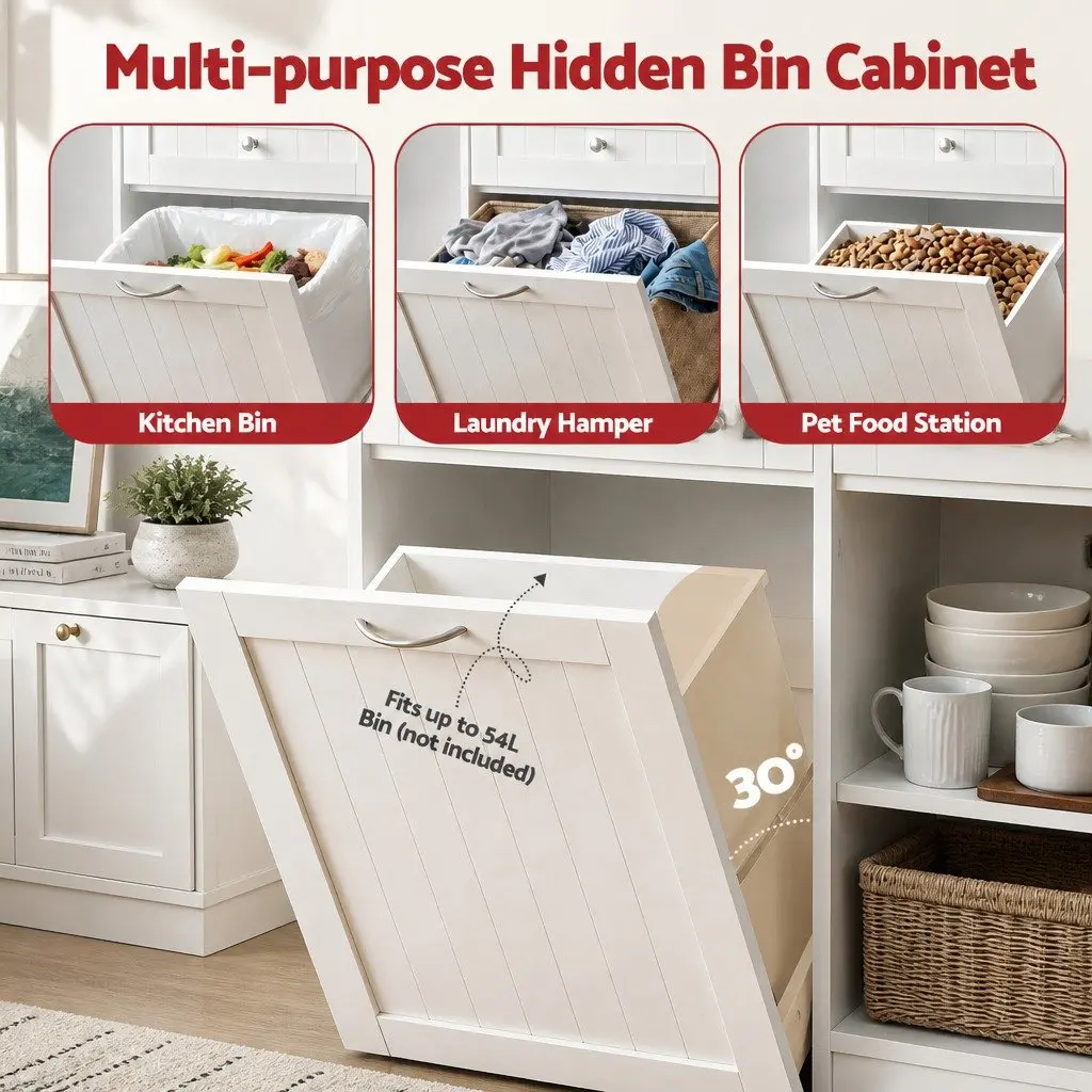 Tilt Out Bin Holder White Sideboard Buffet Cabinet Kitchen Storage 100cm