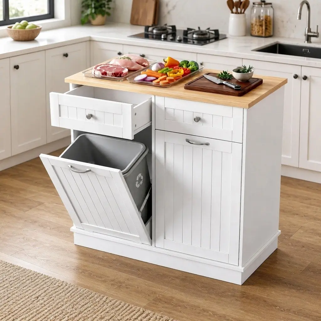 Tilt Out Bin Holder White Sideboard Buffet Cabinet Kitchen Storage 100cm