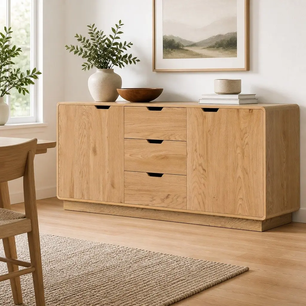 Buffet Sideboard Cabinet Oak 160cm Spacious with Drawers and Round Edge