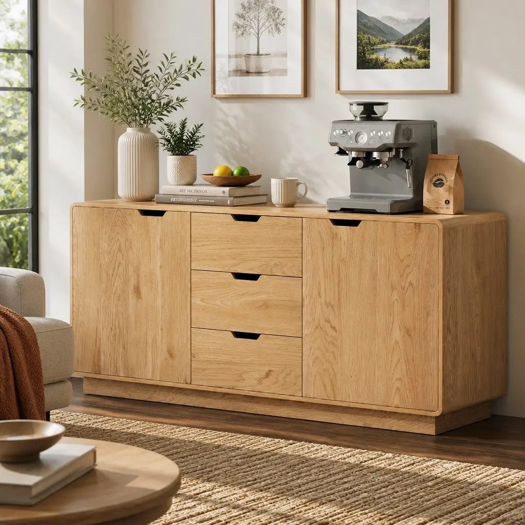 Buffet Sideboard Cabinet Oak 160cm Spacious with Drawers and Round Edge