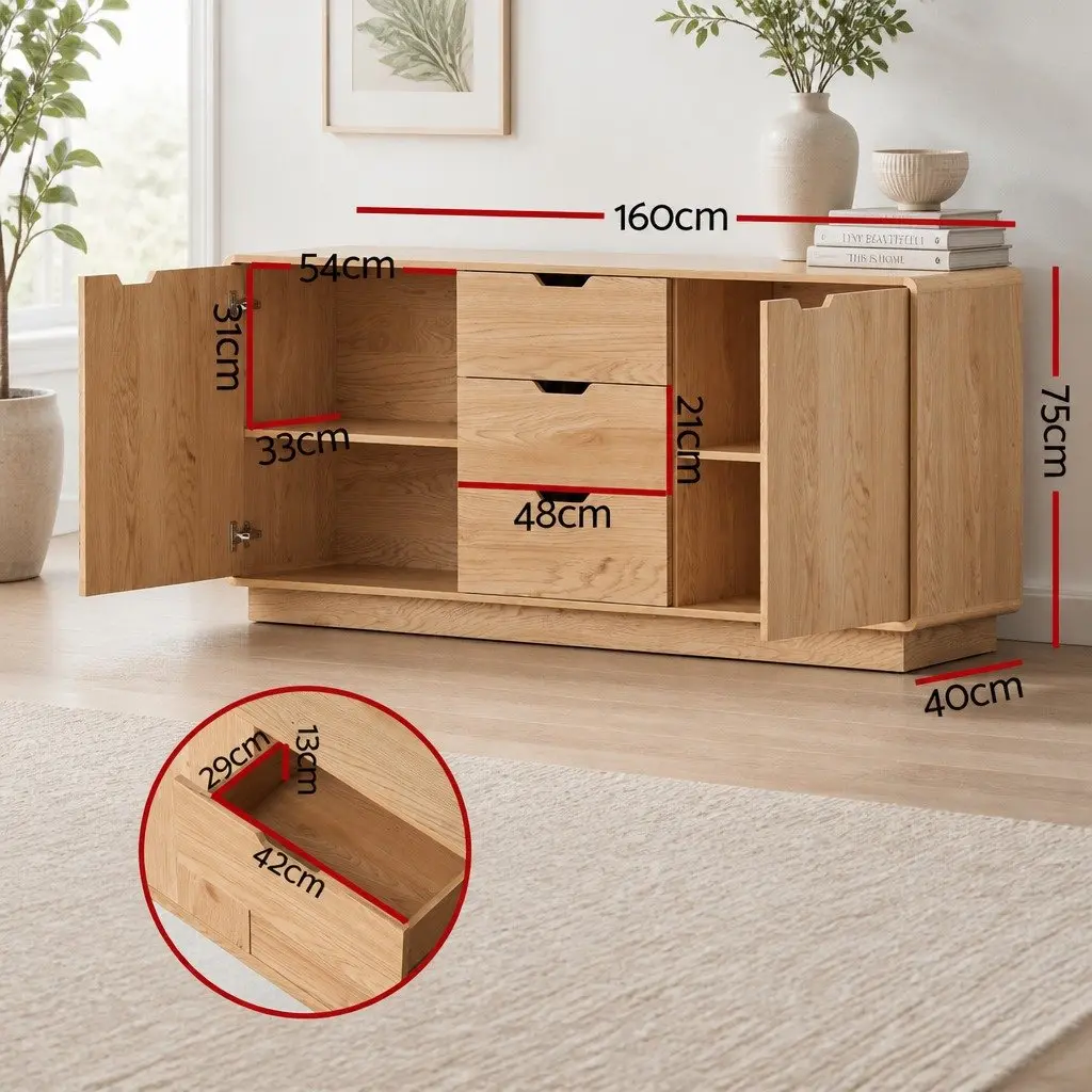 Buffet Sideboard Cabinet Oak 160cm Spacious with Drawers and Round Edge
