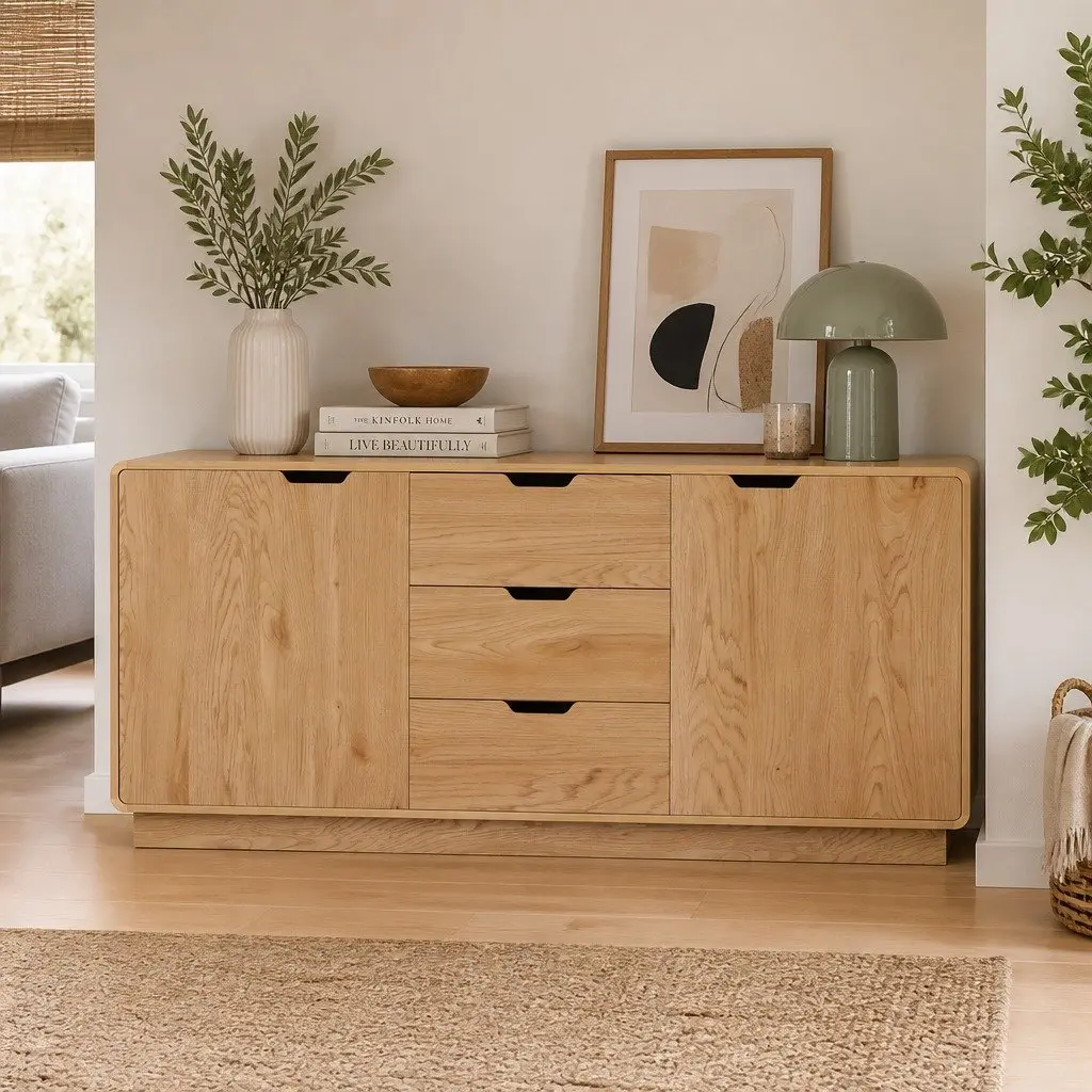 Buffet Sideboard Cabinet Oak 160cm Spacious with Drawers and Round Edge
