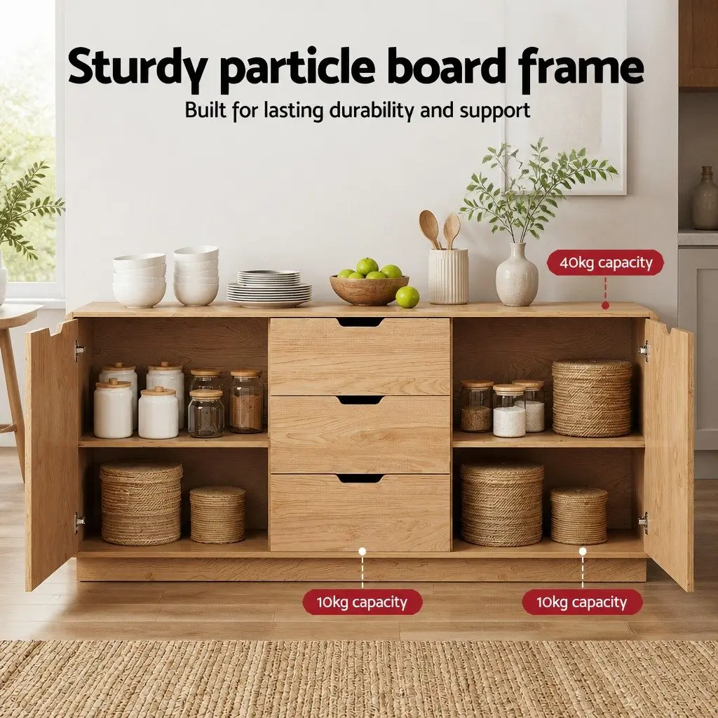 Buffet Sideboard Cabinet Oak 160cm Spacious with Drawers and Round Edge