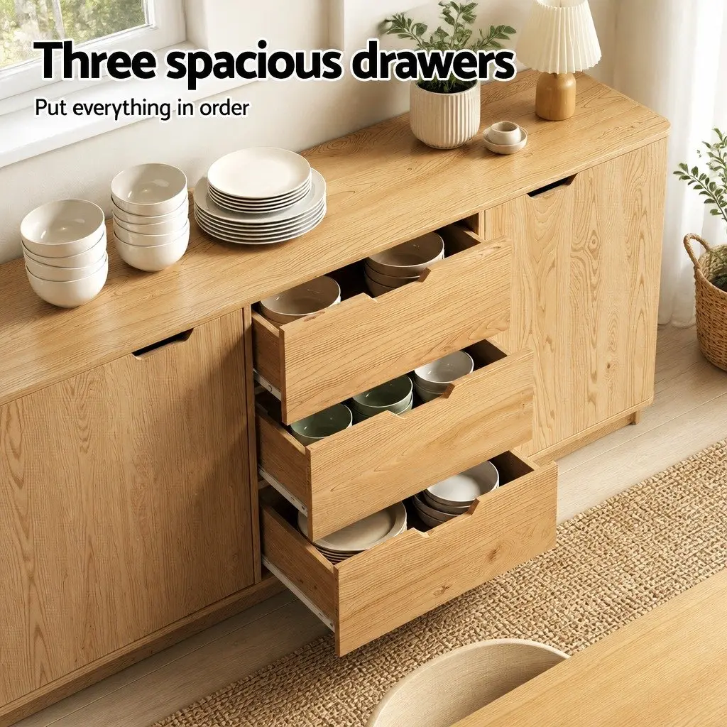 Buffet Sideboard Cabinet Oak 160cm Spacious with Drawers and Round Edge