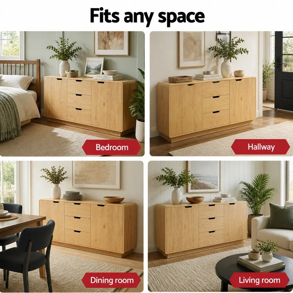 Buffet Sideboard Cabinet Oak 160cm Spacious with Drawers and Round Edge