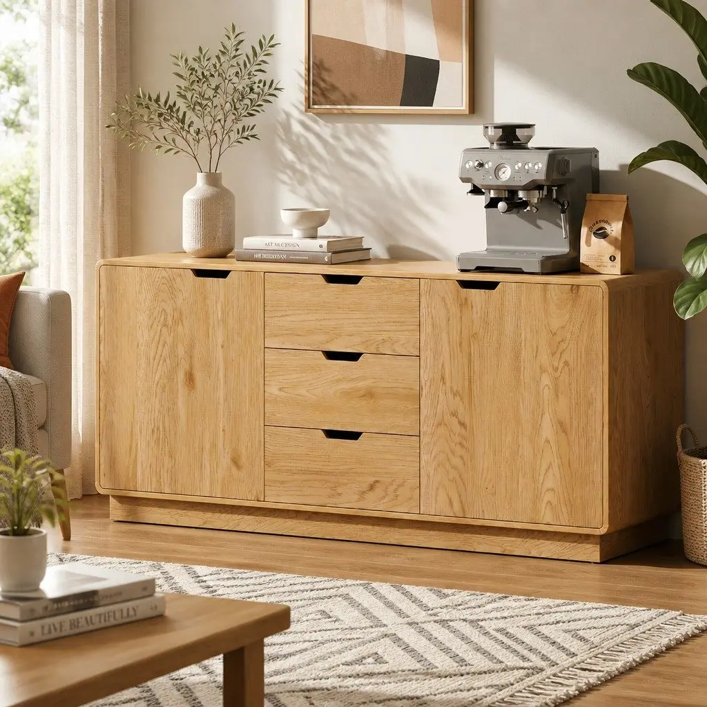 Buffet Sideboard Cabinet Oak 160cm Spacious with Drawers and Round Edge