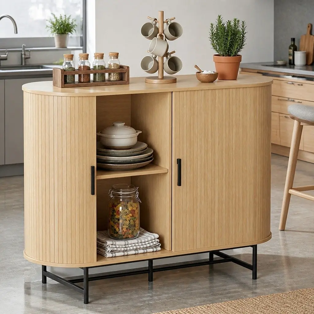 Buffet Sideboard Storage Cabinet 2-Door Sliding Fluted Doors Oak Dining Room