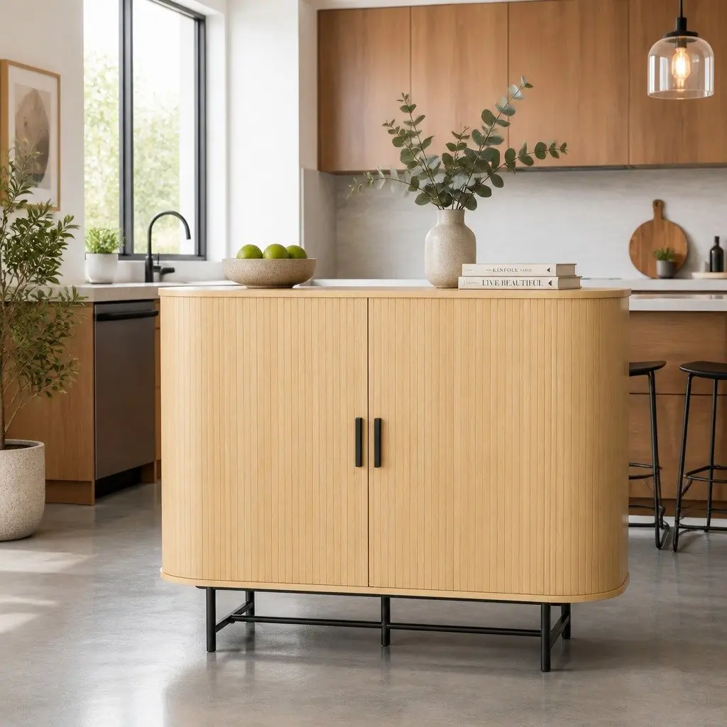 Buffet Sideboard Storage Cabinet 2-Door Sliding Fluted Doors Oak Dining Room