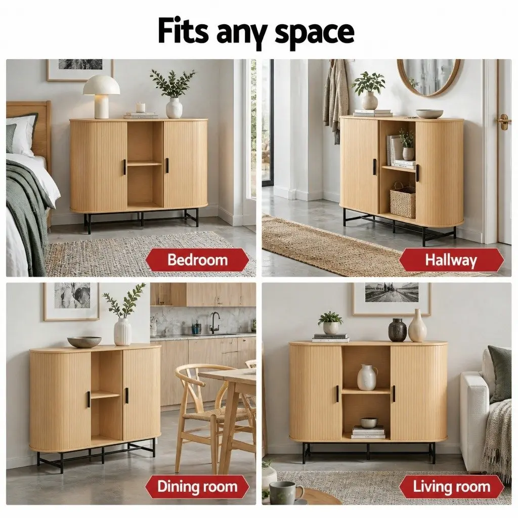 Buffet Sideboard Storage Cabinet 2-Door Sliding Fluted Doors Oak Dining Room