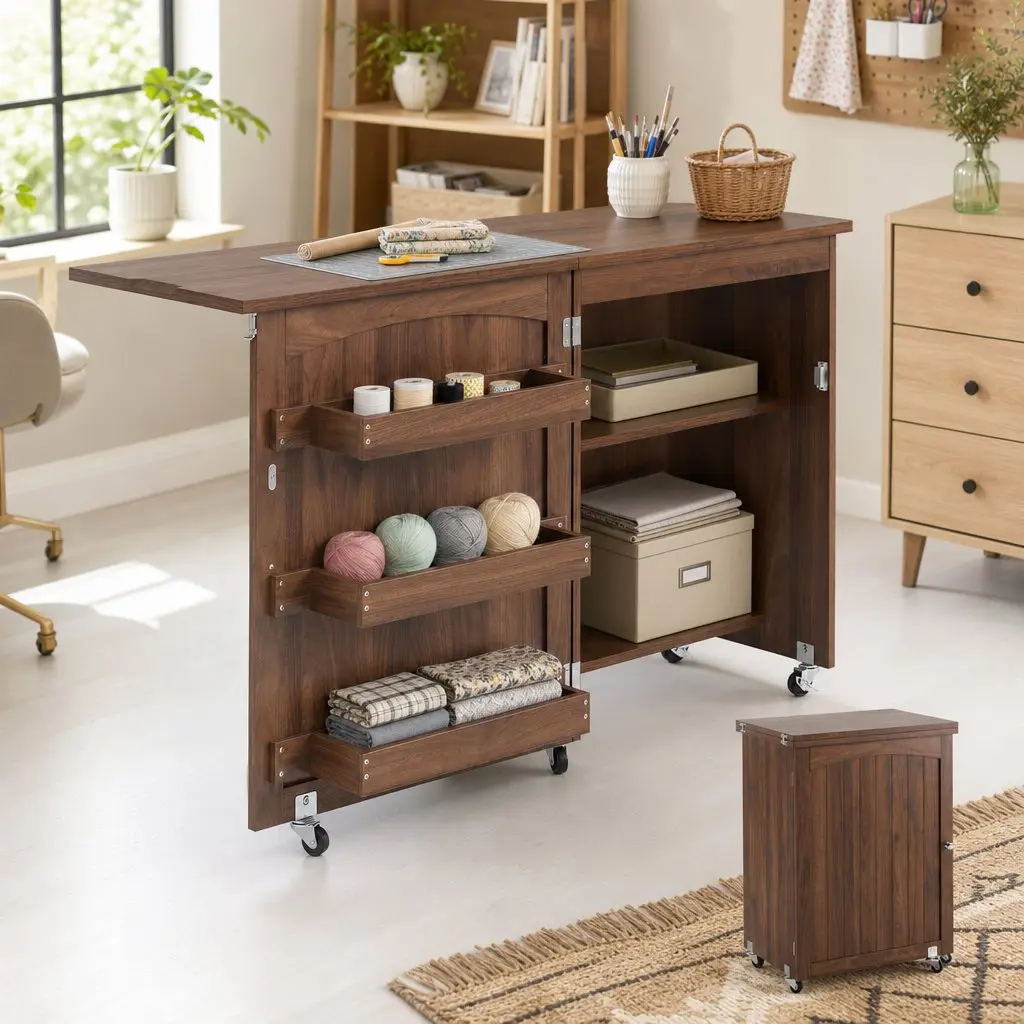 Folding Sewing Table Brown Compact Workstation with Storage Bins and Rolling Wheels