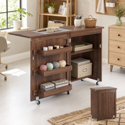 Folding Sewing Table Rolling Work Desk Craft Station Storage Brown Multipurpose