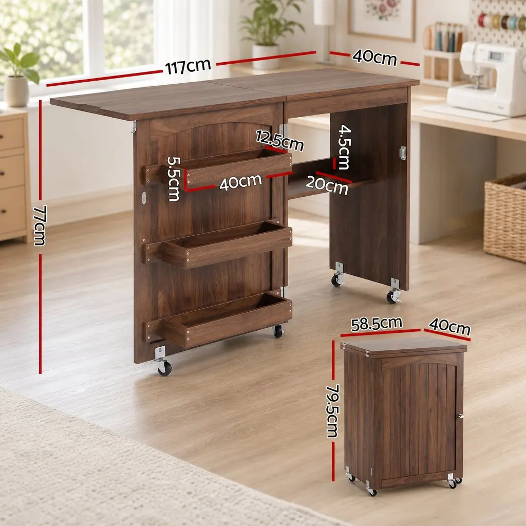 Folding Sewing Table Brown Compact Workstation with Storage Bins and Rolling Wheels