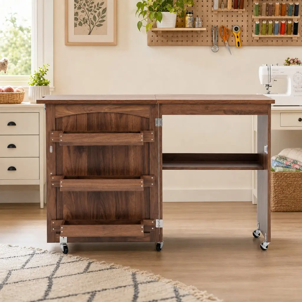 Folding Sewing Table Brown Compact Workstation with Storage Bins and Rolling Wheels