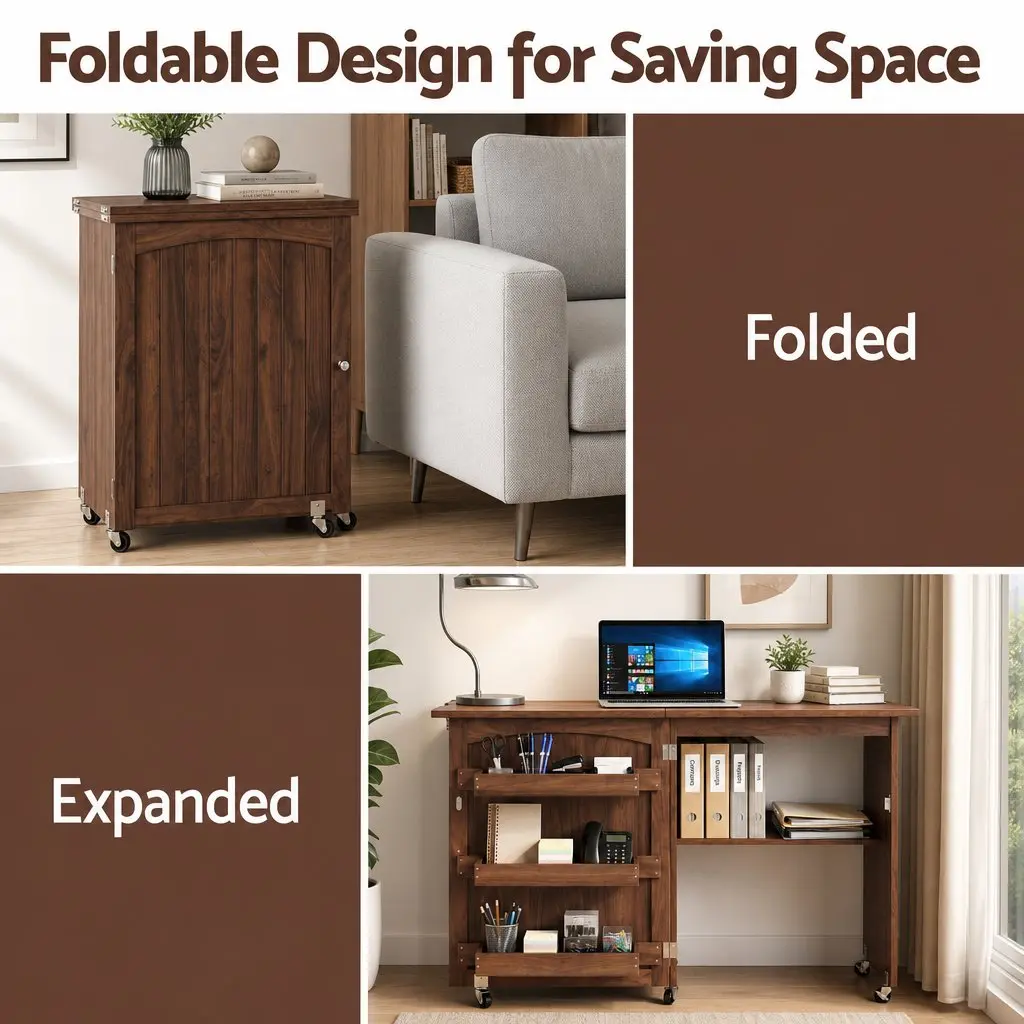 Folding Sewing Table Brown Compact Workstation with Storage Bins and Rolling Wheels