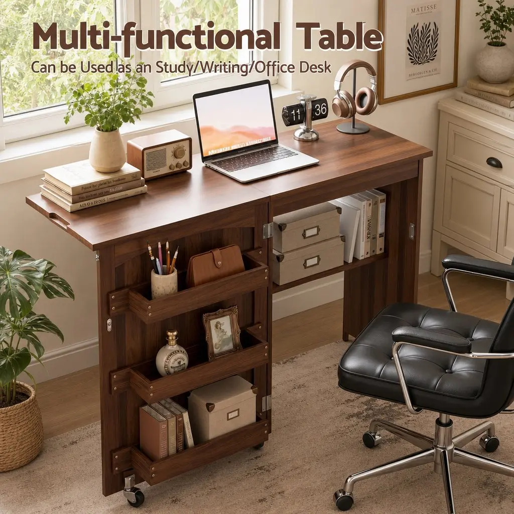 Folding Sewing Table Brown Compact Workstation with Storage Bins and Rolling Wheels