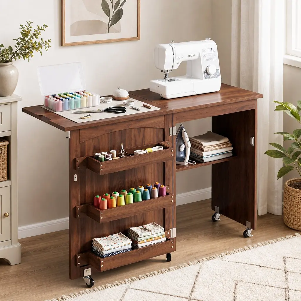 Folding Sewing Table Brown Compact Workstation with Storage Bins and Rolling Wheels