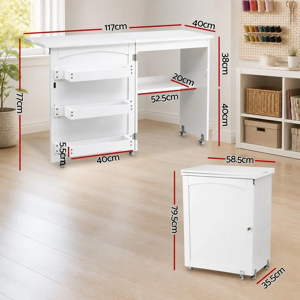Folding Sewing Table Rolling Craft Work Station Storage Bins Wheels White