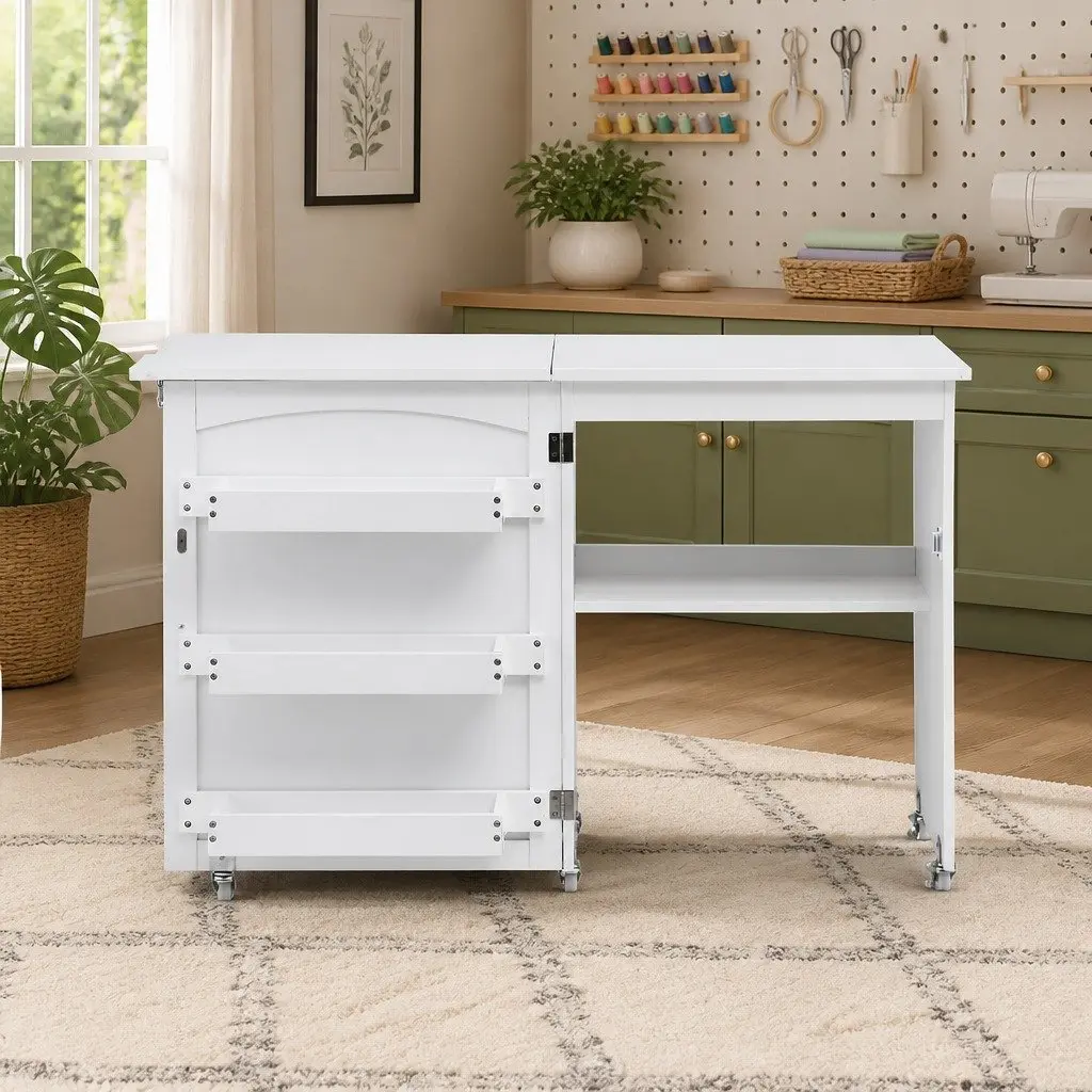 Folding Sewing Table Rolling Craft Work Station Storage Bins Wheels White