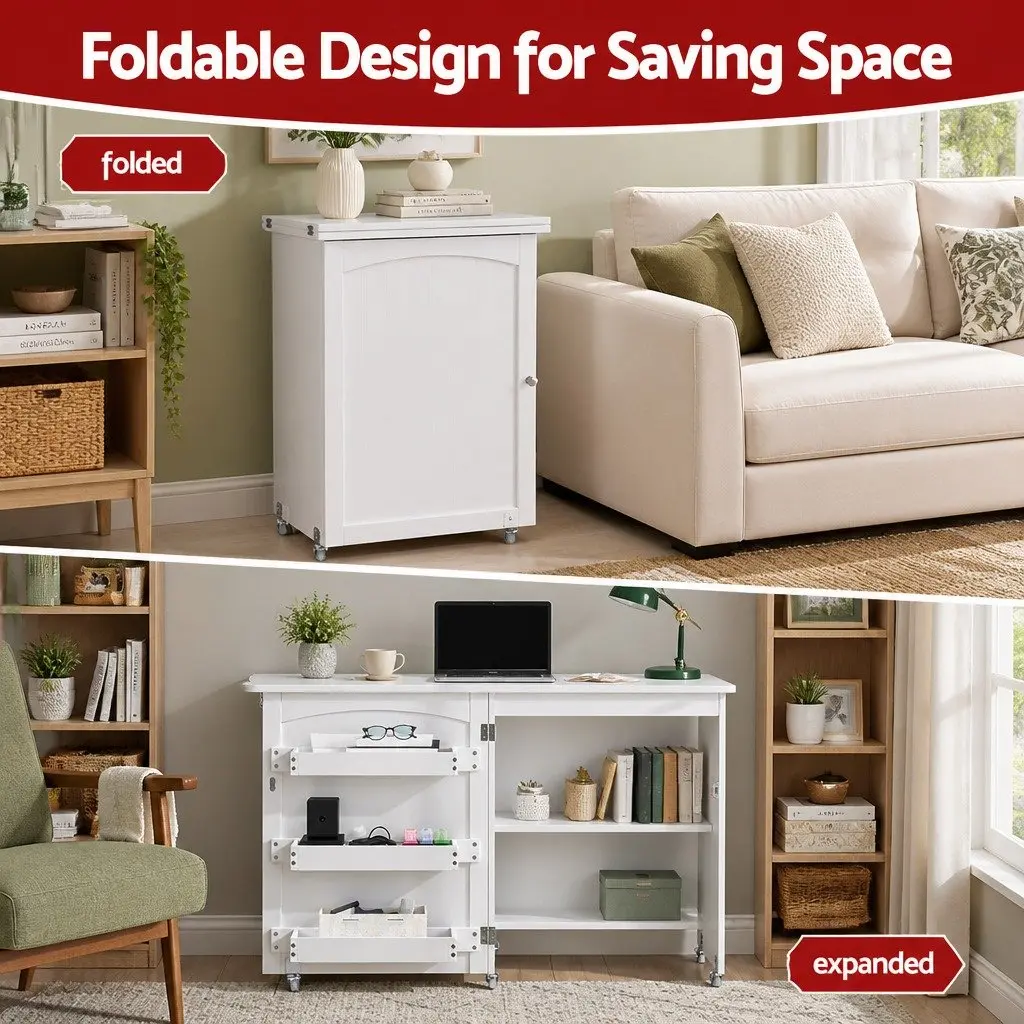 Folding Sewing Table Rolling Craft Work Station Storage Bins Wheels White