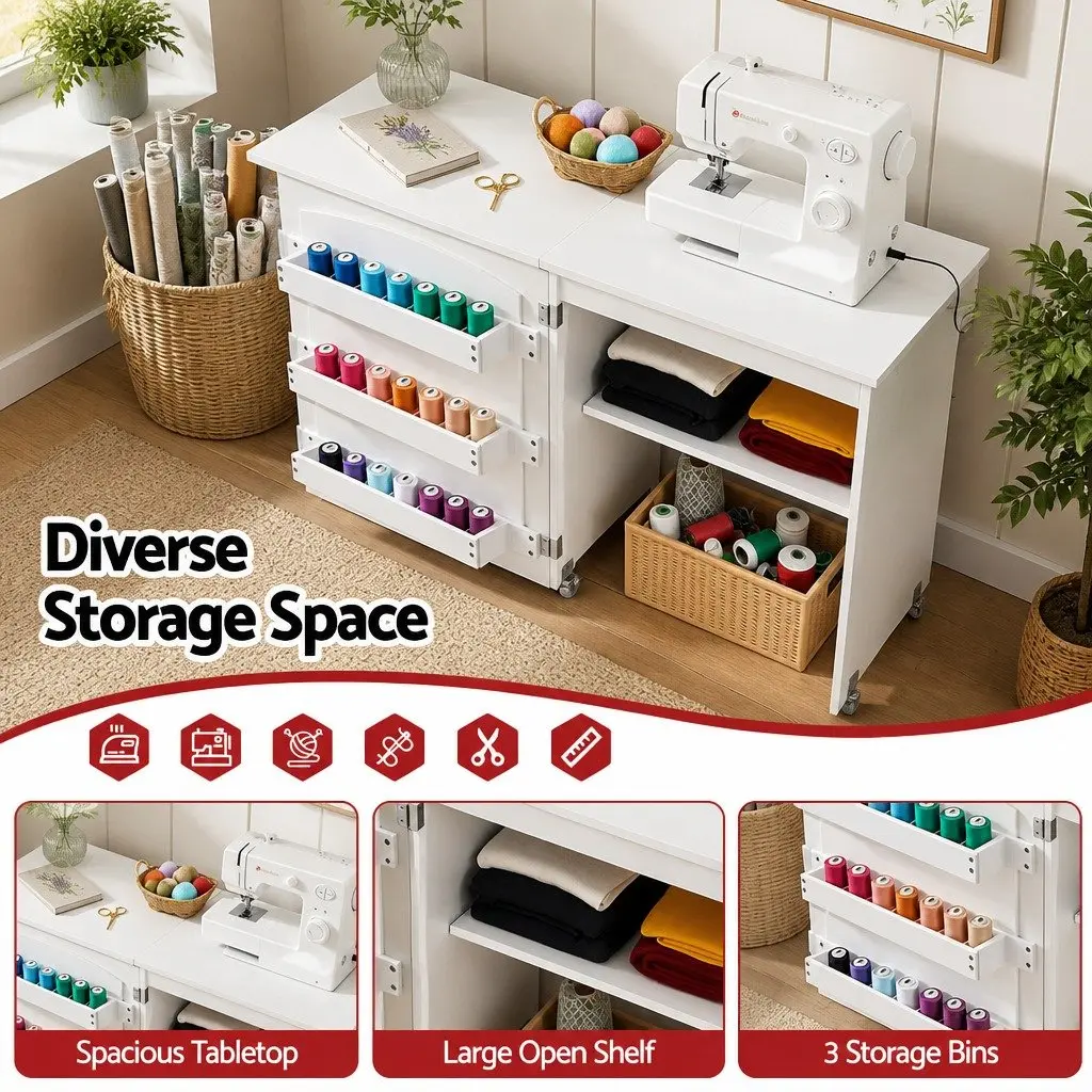 Folding Sewing Table Rolling Craft Work Station Storage Bins Wheels White