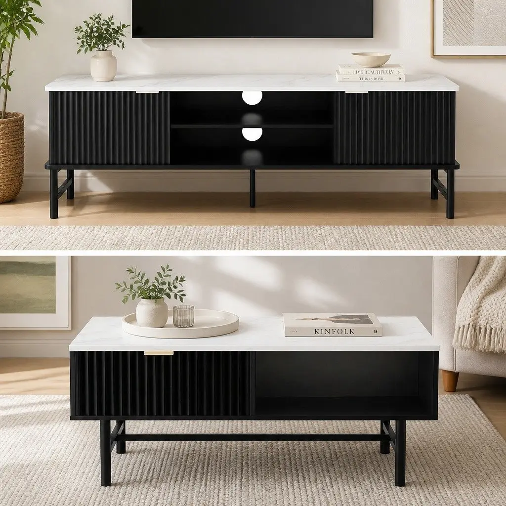 TV Entertainment Unit and Coffee Table Set Storage Shelf Living Room Furniture