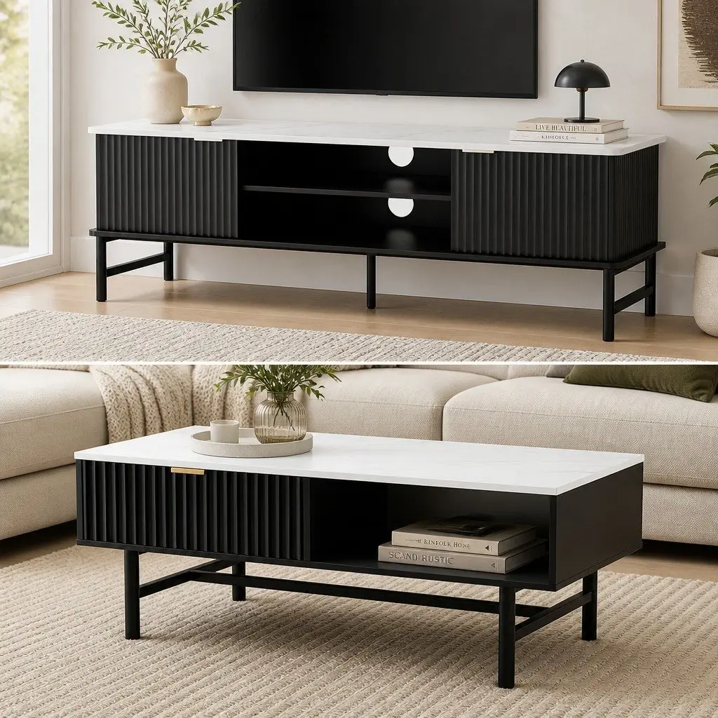 TV Entertainment Unit and Coffee Table Set Storage Shelf Living Room Furniture