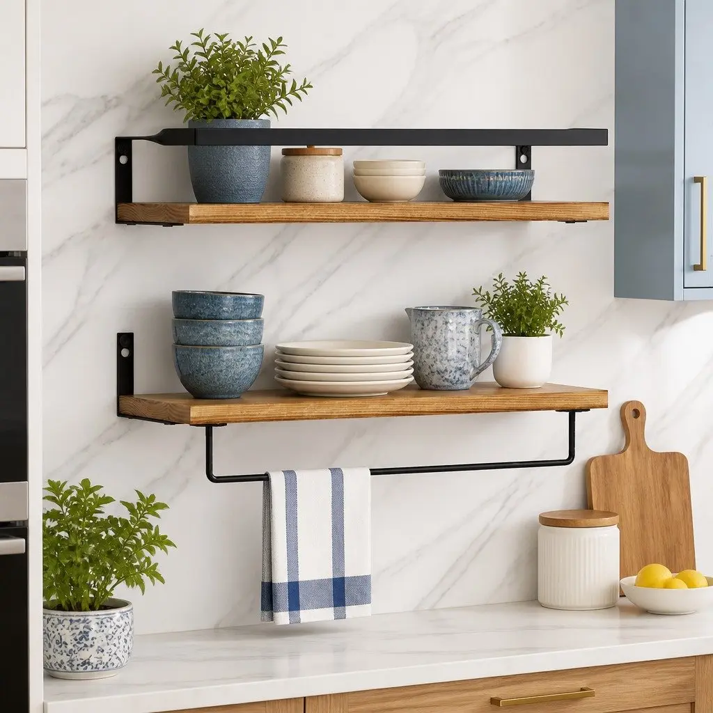 Floating Wall Shelf Set of 2 Pine Wood Storage Display with Metal Brackets