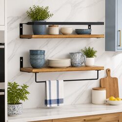 Floating Wall Shelf Set of 2 Pine Wood Storage Display with Metal Brackets
