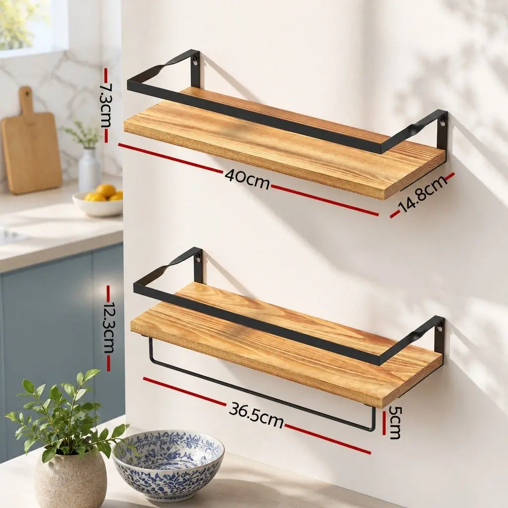 Floating Wall Shelf Set of 2 Pine Wood Black Metal Brackets Removable Towel Bar