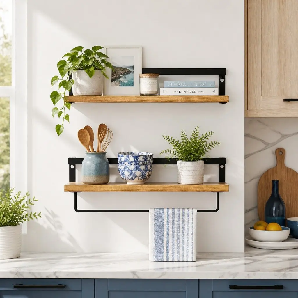 Floating Wall Shelf Set of 2 Pine Wood Black Metal Brackets Removable Towel Bar
