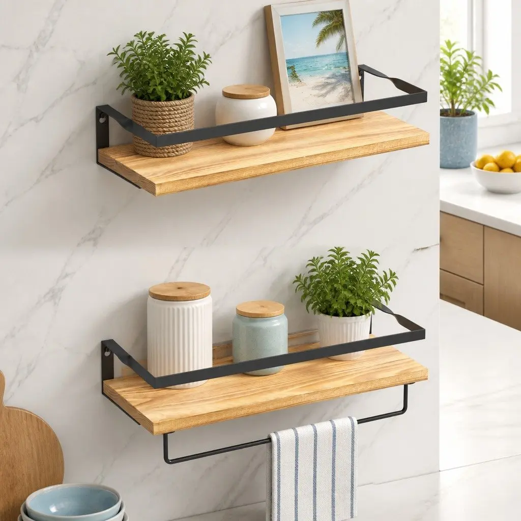 Floating Wall Shelf Set of 2 Pine Wood Black Metal Brackets Removable Towel Bar