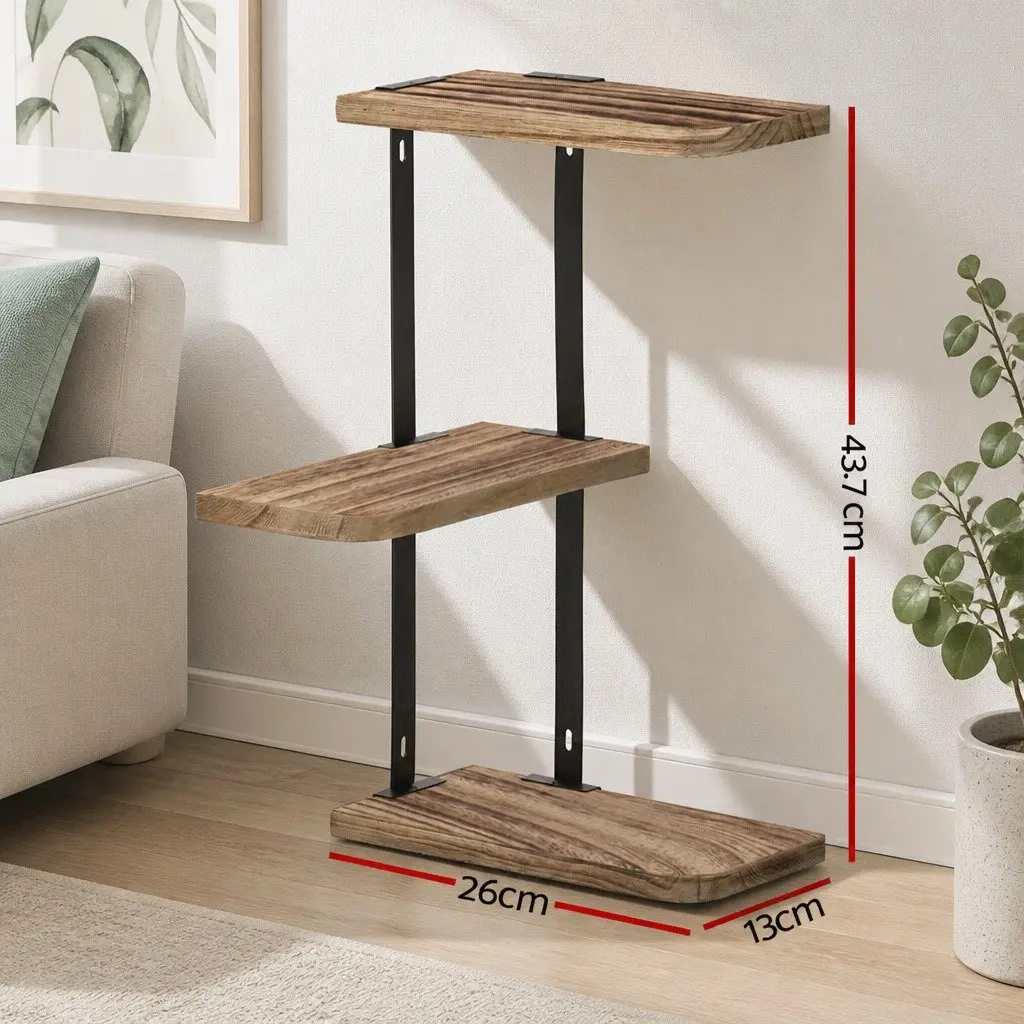 Floating Wall Shelf Rust Oak Black 3-Tier Solid Wood Construction Easy Assembly