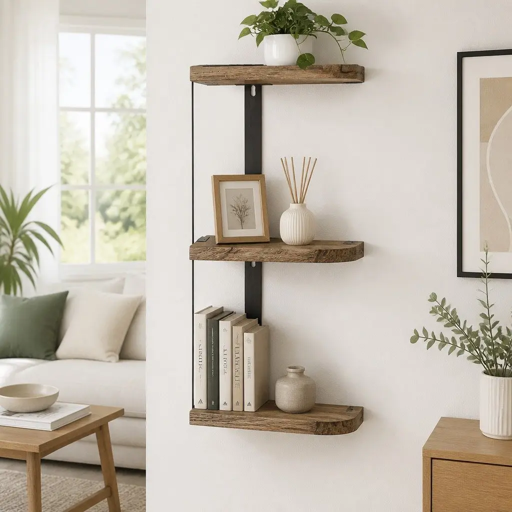 Floating Wall Shelf Rust Oak Black 3-Tier Solid Wood Construction Easy Assembly