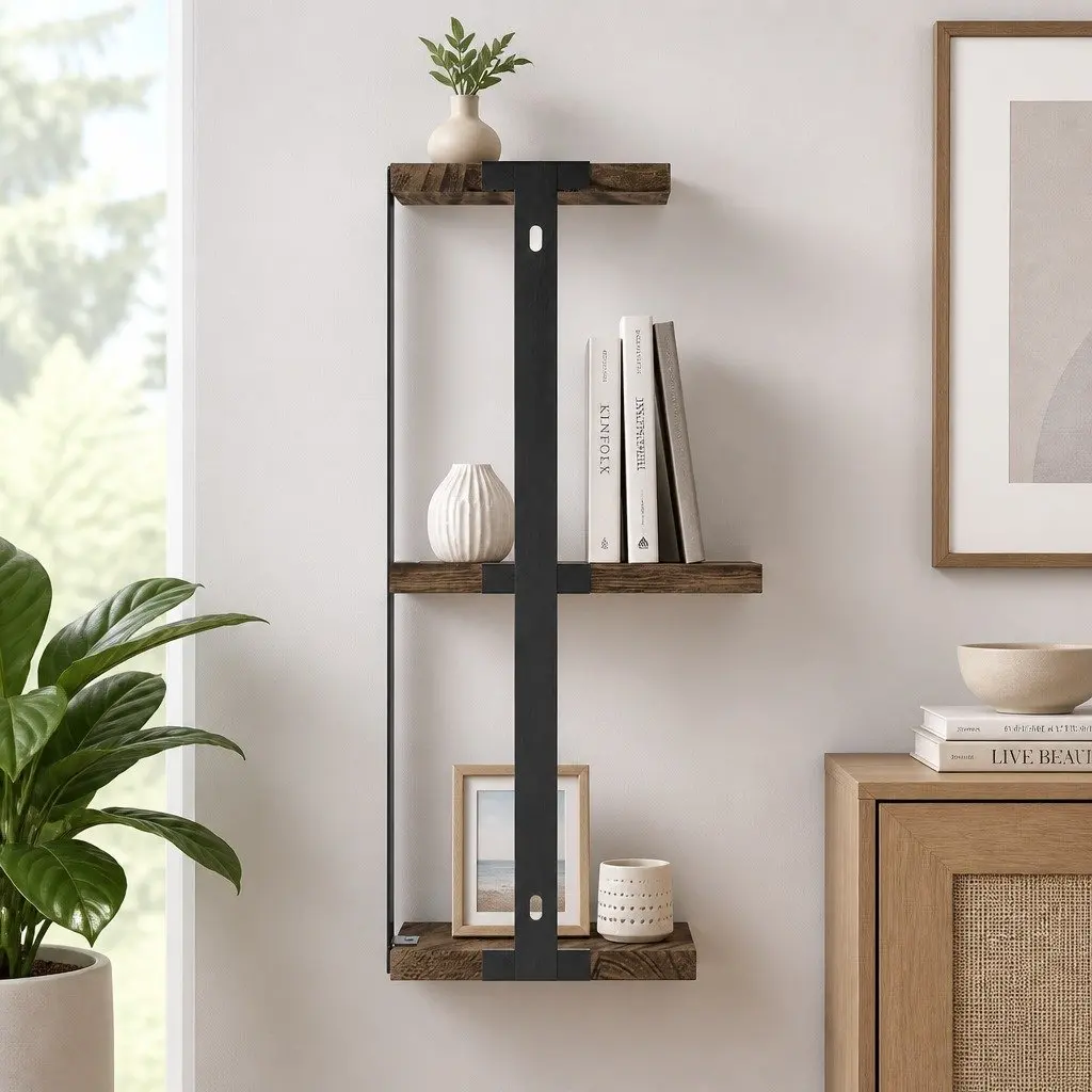 Floating Wall Shelf Rust Oak Black 3-Tier Solid Wood Construction Easy Assembly