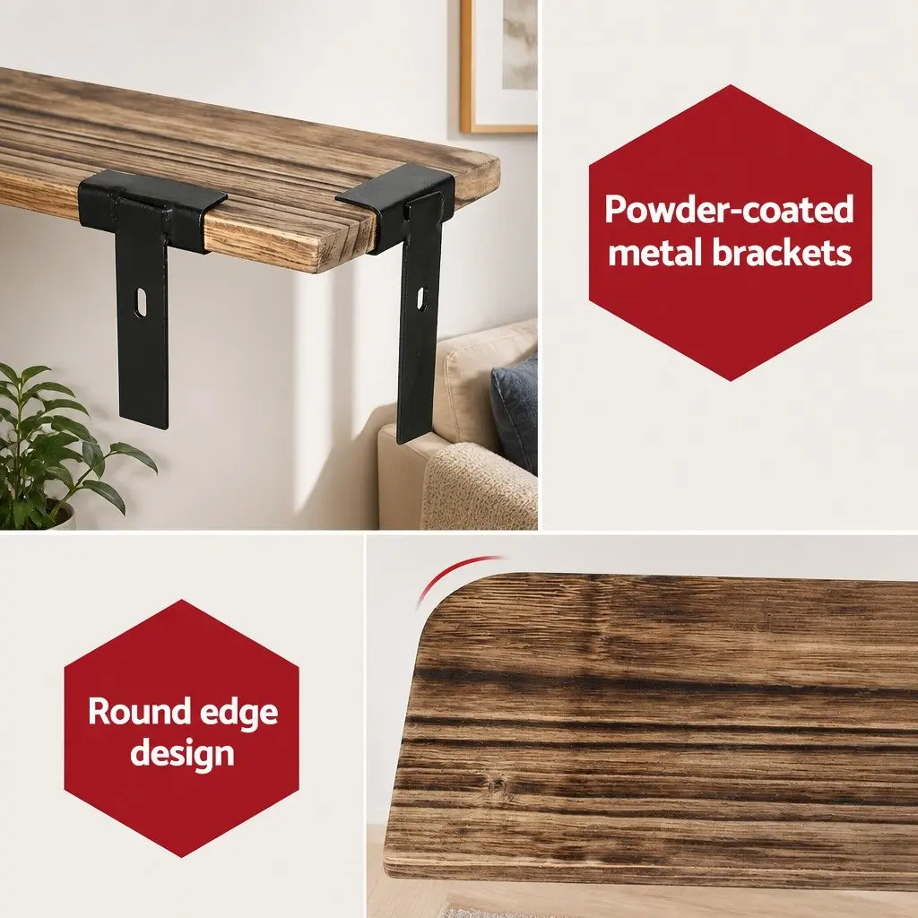 Floating Wall Shelf Rust Oak Black 3-Tier Solid Wood Construction Easy Assembly
