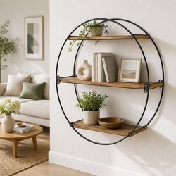 Floating Wall Shelf Round 3-Tier Corner Storage Shelves Easy Install Rust Oak